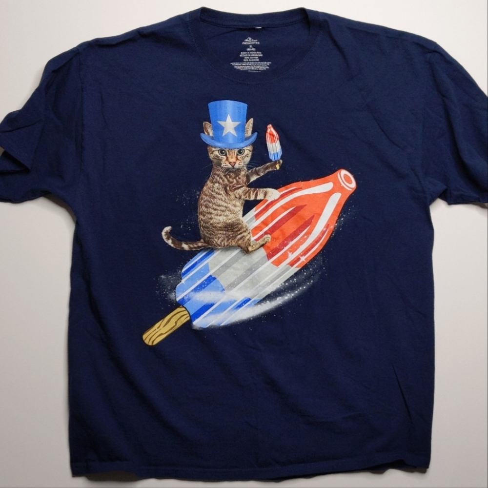 Patriotic Kitty Cat Graphic Tee Shirt XL USA Unisex Men's Navy Blue Novelty Cute